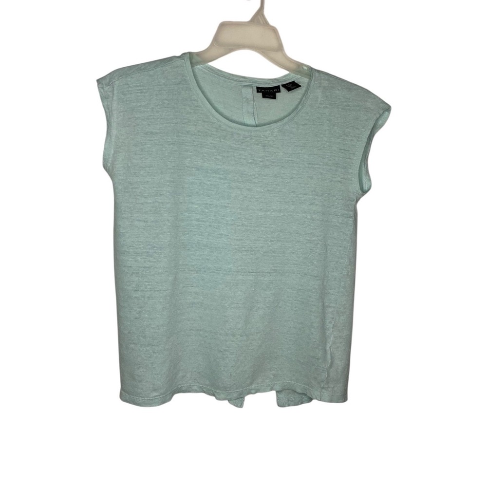 Tahari Women 100% Linen Button Back Cap Sleeve Top Size Medium Mint Green